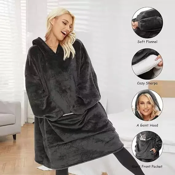 Wearable Blanket Hoodie with Giant Pocket, Soft Warm Sherpa Fleece Oversized Blanket Sweatshirt Gifts for Women Men