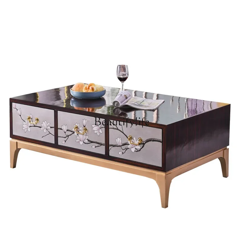 

New Chinese-style simple household painted tea table TV cabinet silver foil ebony light luxury solid wood baking paint