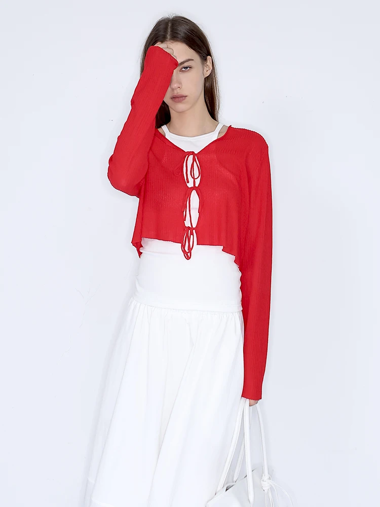 

JDE New Year Red Thin Micro Transparent ort Knitted Sweater Women's Spring Slimming Layering Commuting Casual Open Cardigan...