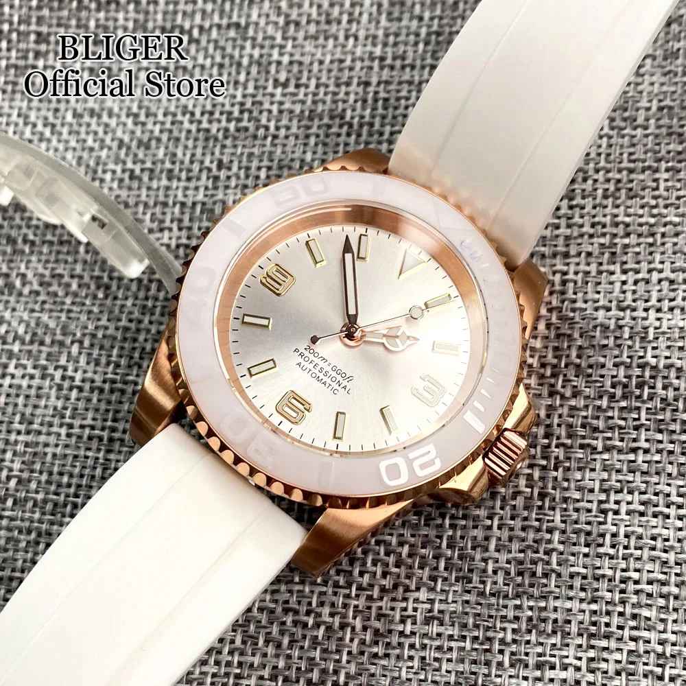 BLIGER Rose Gold NH35A PT5000 40mm Automatic Dive Watch Men Sapphire Glass Ceremic Insert White Rubber Strap Folding Buckle