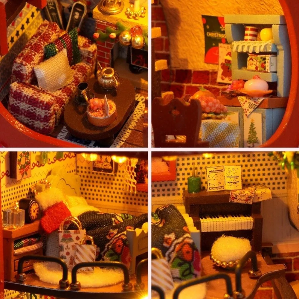 Wooden Christmas Stocking with Furniture Handmade Glowing Miniature Dollhouse Kit with LED Lights DIY Christmas Cottage Model