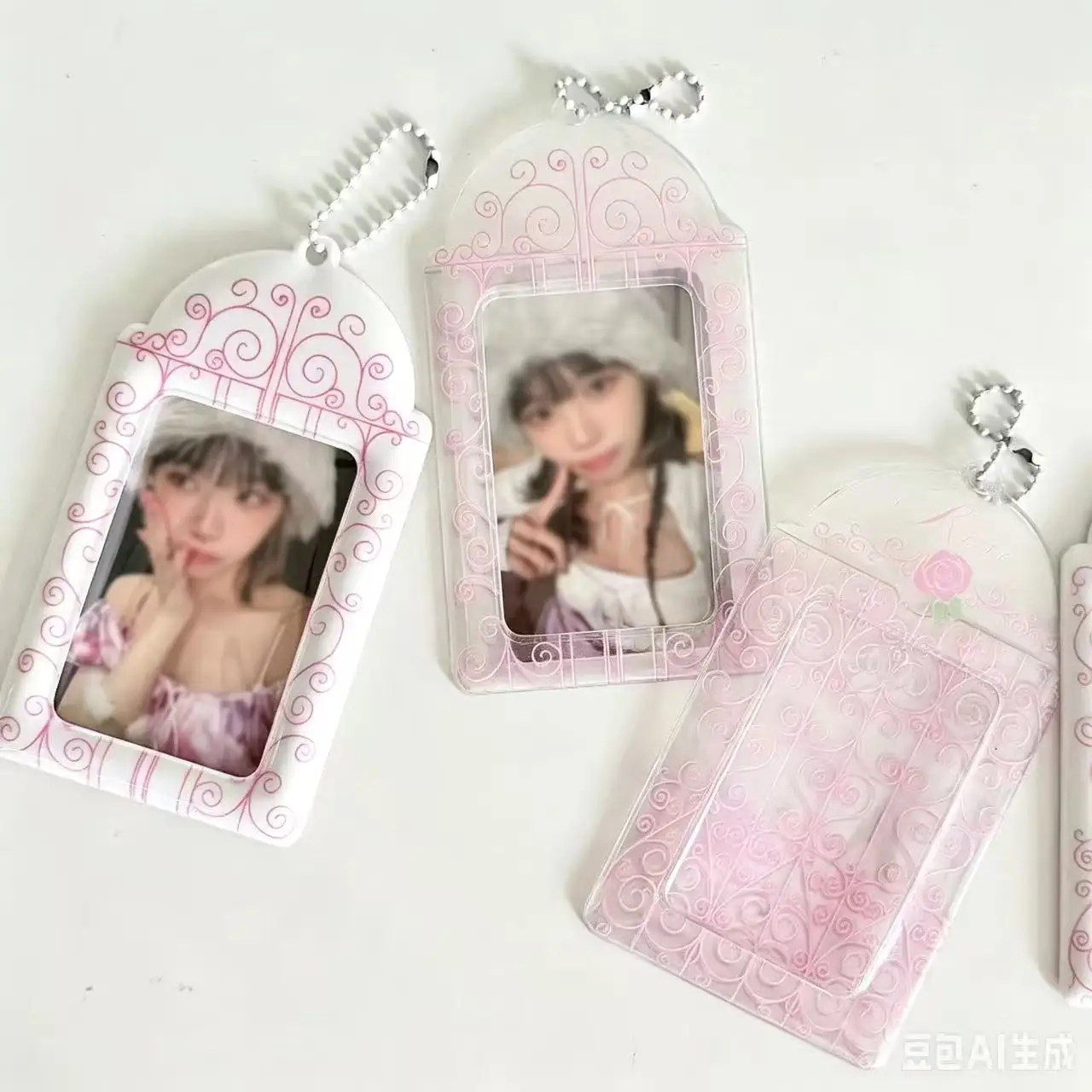 1-2pcs Pink Korean Style Iron Vine PVC Card Holder Girl Pink Kpop 3 Inch Photocard Photo Storage Display Pendant Bag Charm - view 6