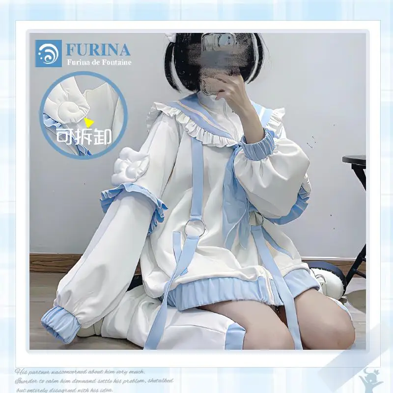 

Anime Genshin Impact Furina Cosplay Cartoon Students Daily Coat Autumn and Winter Clothing Navy Collar Leg Socks Birthday Gift