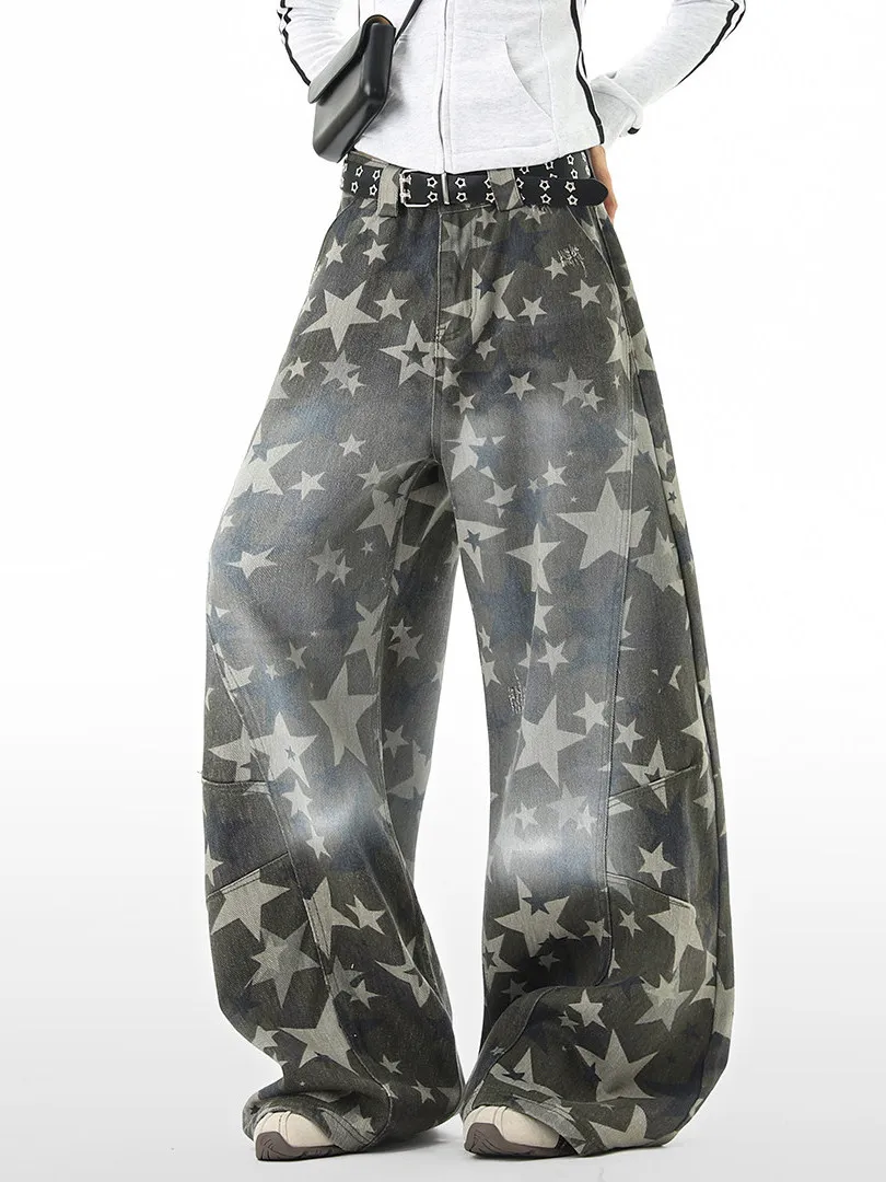 American Style Retro Star Print Jeans Women's New Large Size Casual Straight Leg Wide Leg Pants High Waist Denim Fabric