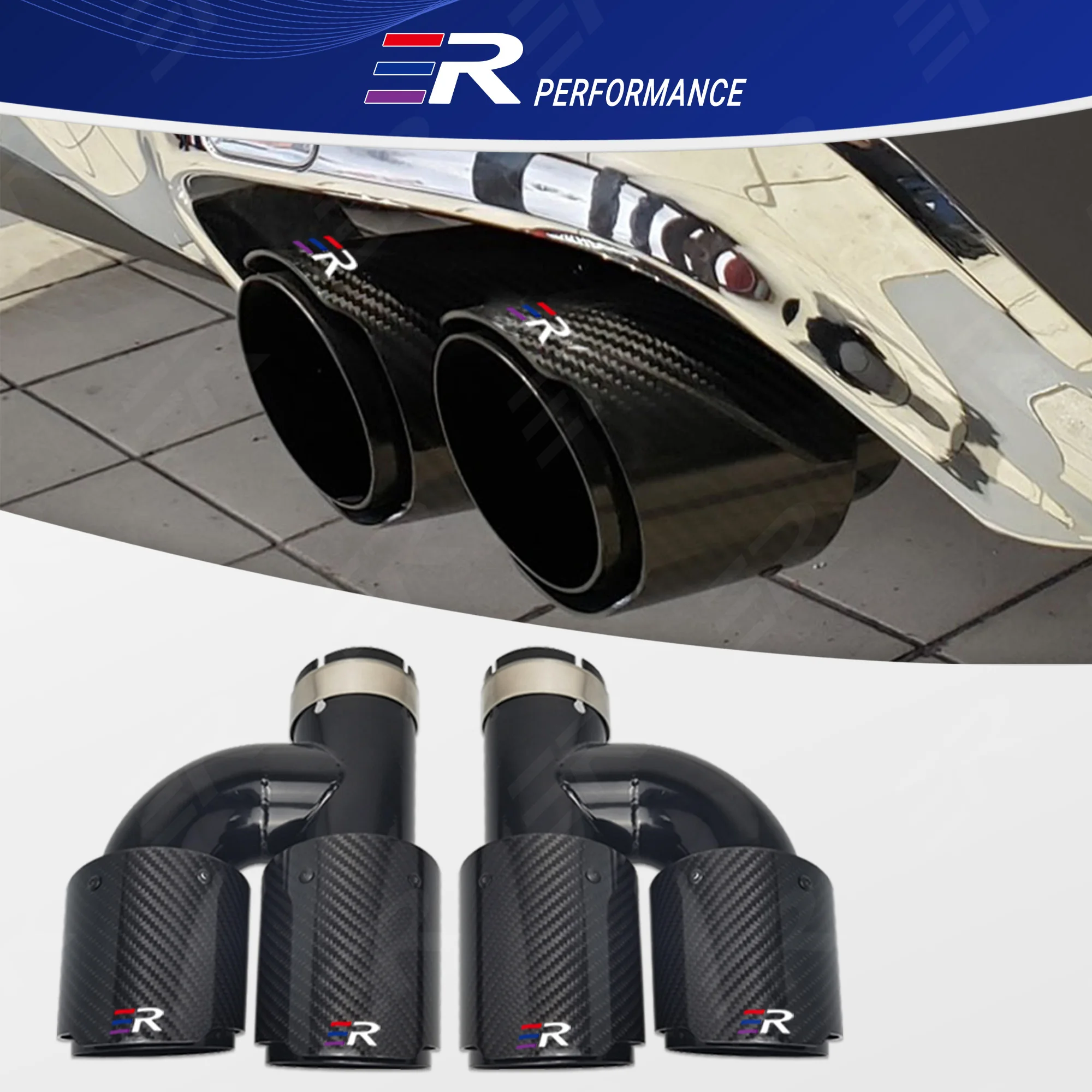 ER Genuine Glossy Carbon Fiber Exhaust Tip Black Stainless Steel Double Outlet For Automotive Decoration Muffler Pipe Car Modify