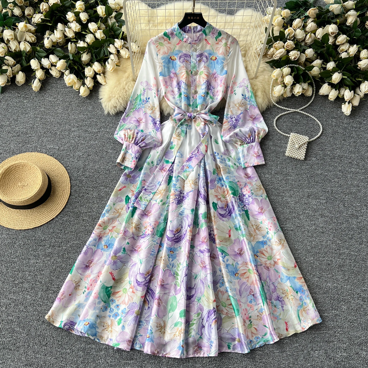 

Retro Bandage Print Elegant lool sleeve sashes Single Breasted Dress A-line Casual High Waist Women Summer Dresses