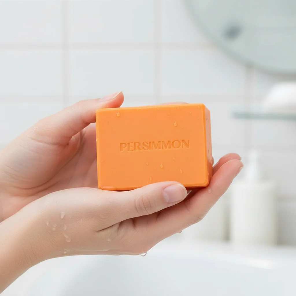 

1Pcs Persimmon Cleansing Soap Bar with Foaming Net Body Care Face Wash Exfoliating Whitening Soap Fruit Handmade Shower Soap