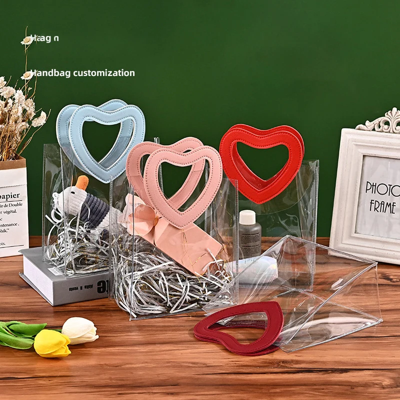 1pc Transparent Shopping Bag Soft Pvc Gift Tote Packaging Bags With Heart Hand Loop Clear Plastic Handbag Cosmetic Bag