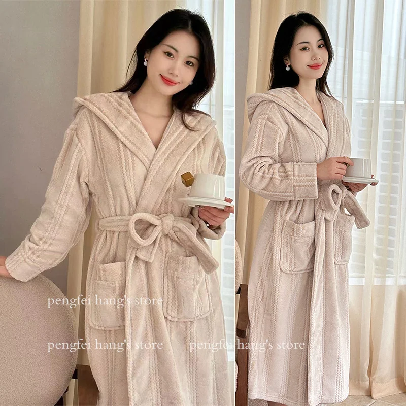 Green Kimono Bathrobe Gown Lady Elegant Sleepwear Thicken Flannel Robes Lady Elegant Jacquard Hooded Nightgown Intimate Lingerie