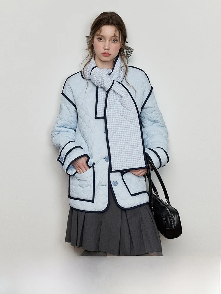 

Luamoss оригинальный дизайн клетчатый шарф хлопковое пальто зимнее новое стеганое синее тыквенное теплое хлопковое пальто женская мода