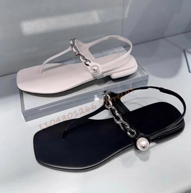 Luxury Metallic Chain White Black Slippers Genuine Leather Sandals with Pearl Accents for Women Summer Flats