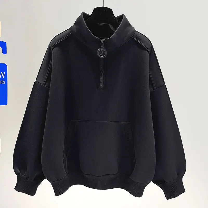 Large Size Chubby MM Half High Neck Thin Hoodie 2024 Autumn New Korean Version Design Sense Niche Loose Spring Autumn Women