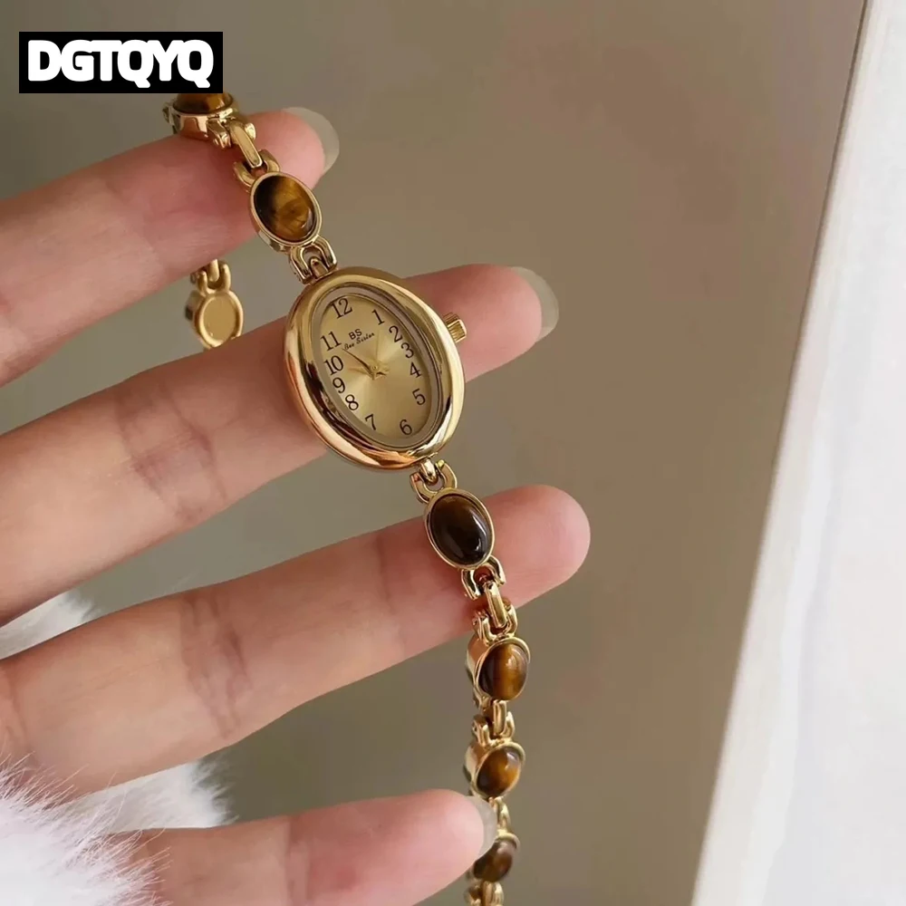 Luxury Vintage Quartz Women's Watches Fashion Natural Green Jade Bracelet Clock Numerals Small Oval Dial Watch Woman Accesories