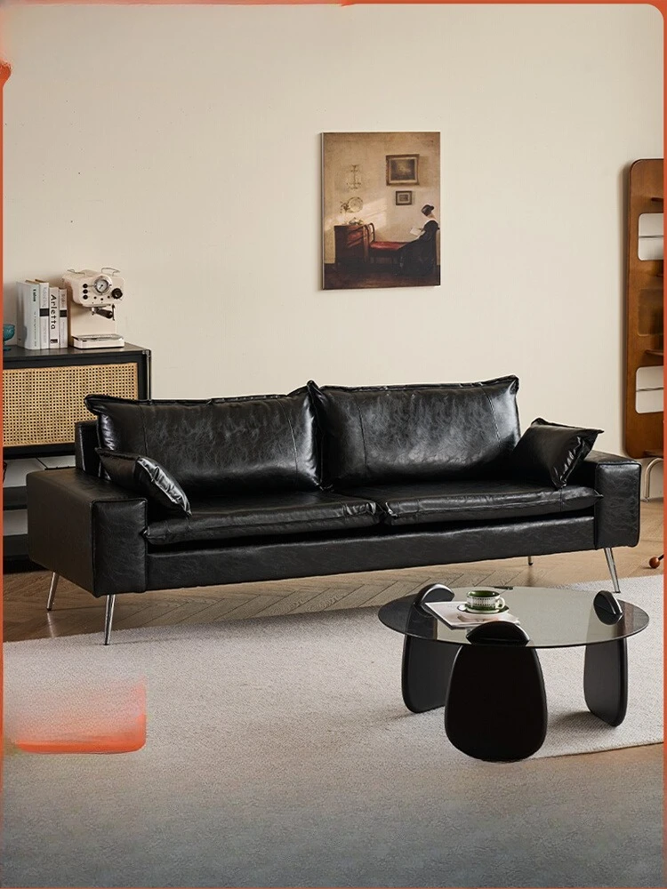 

Italian minimalist black sofa living room office sofa sitting area reception retro oil wax leather straight row double triple