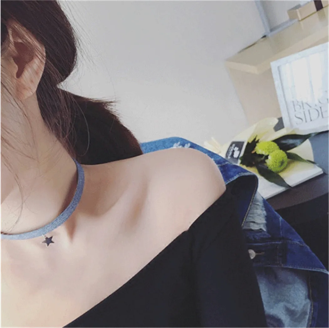 5 Styles Fashion Blue Cowboy Chain Star Square Pattern Charm Choker Pendant Necklace For Women Jewelry