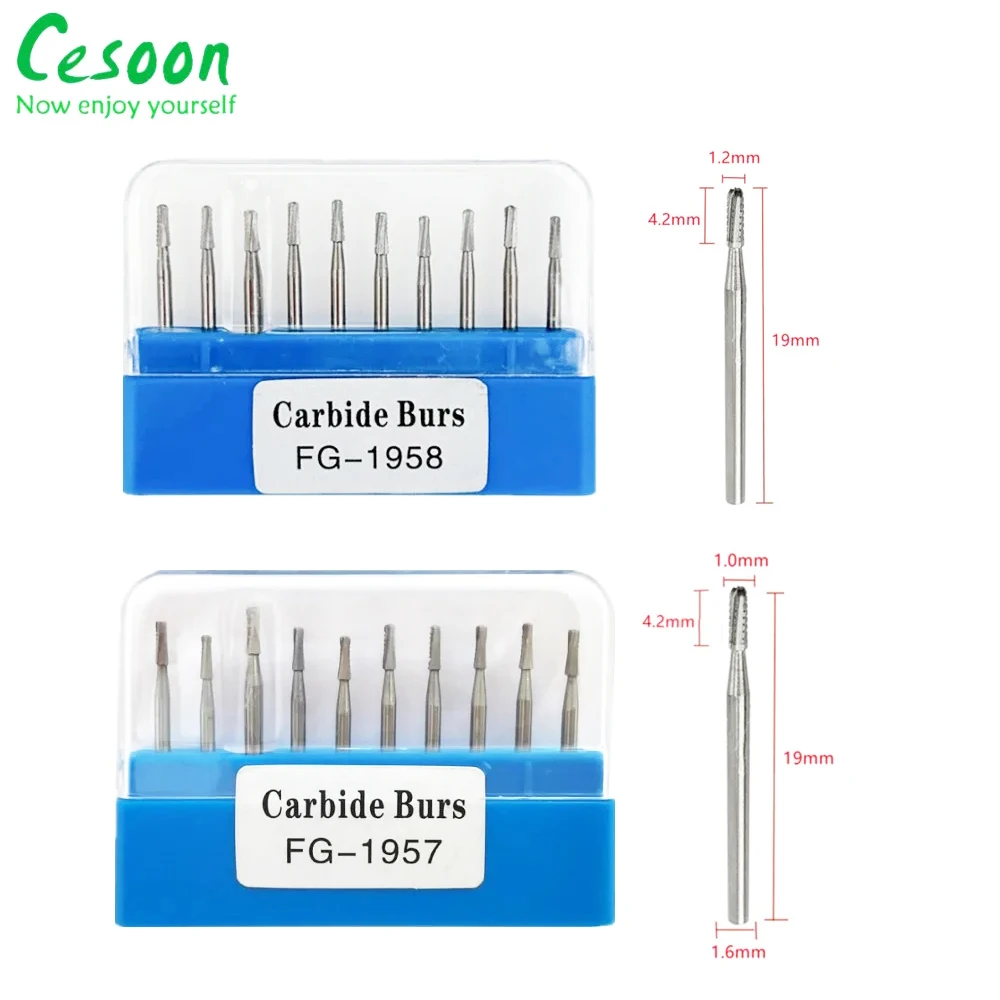 10 pçs/caixa dental carboneto bur alta velocidade aço de tungstênio coroa metal corte burs fg1957/fg1958 banhado a ouro materiais de laboratório dentista