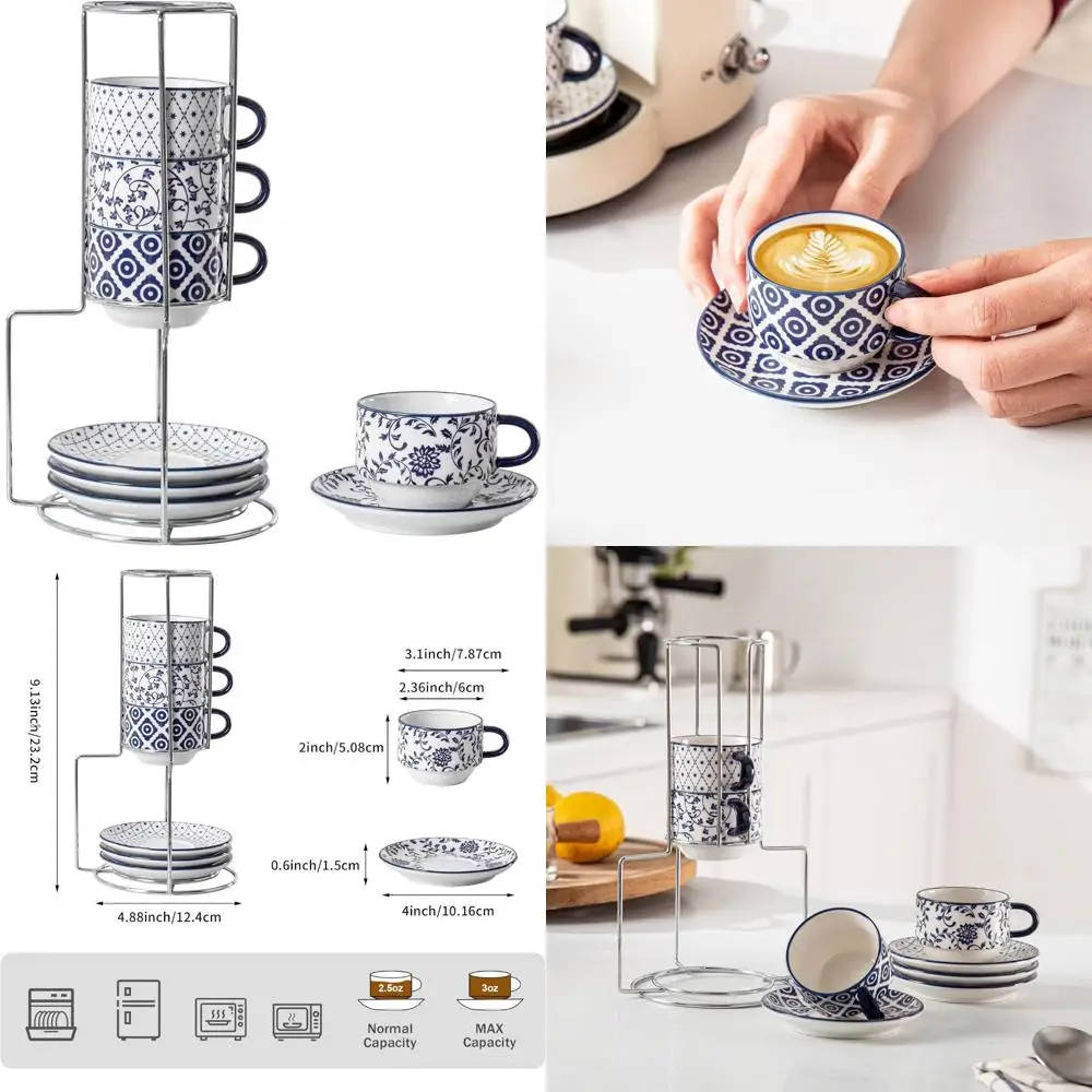

ceramic espresso cups with saucers and metal stand - 2.5oz porcelain cappuccino coffee cups set for espresso latte cafe mocha te