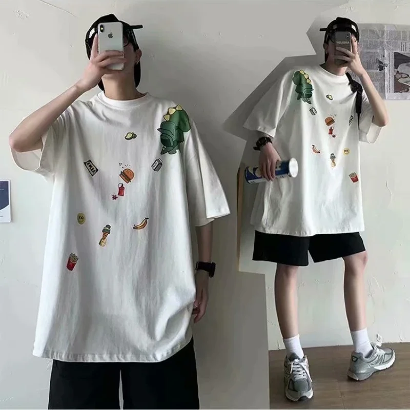 M-8XL Men Oversized Korean Fashion Loose American Cute Dinosaur Print Versatile Trend Couple Outfit