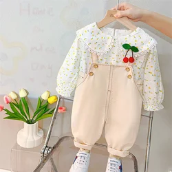 Baby girl children's clothing suit summer floral long sleeves+solid color casual bibs 2cps suit is suitable for girls' sweet sty