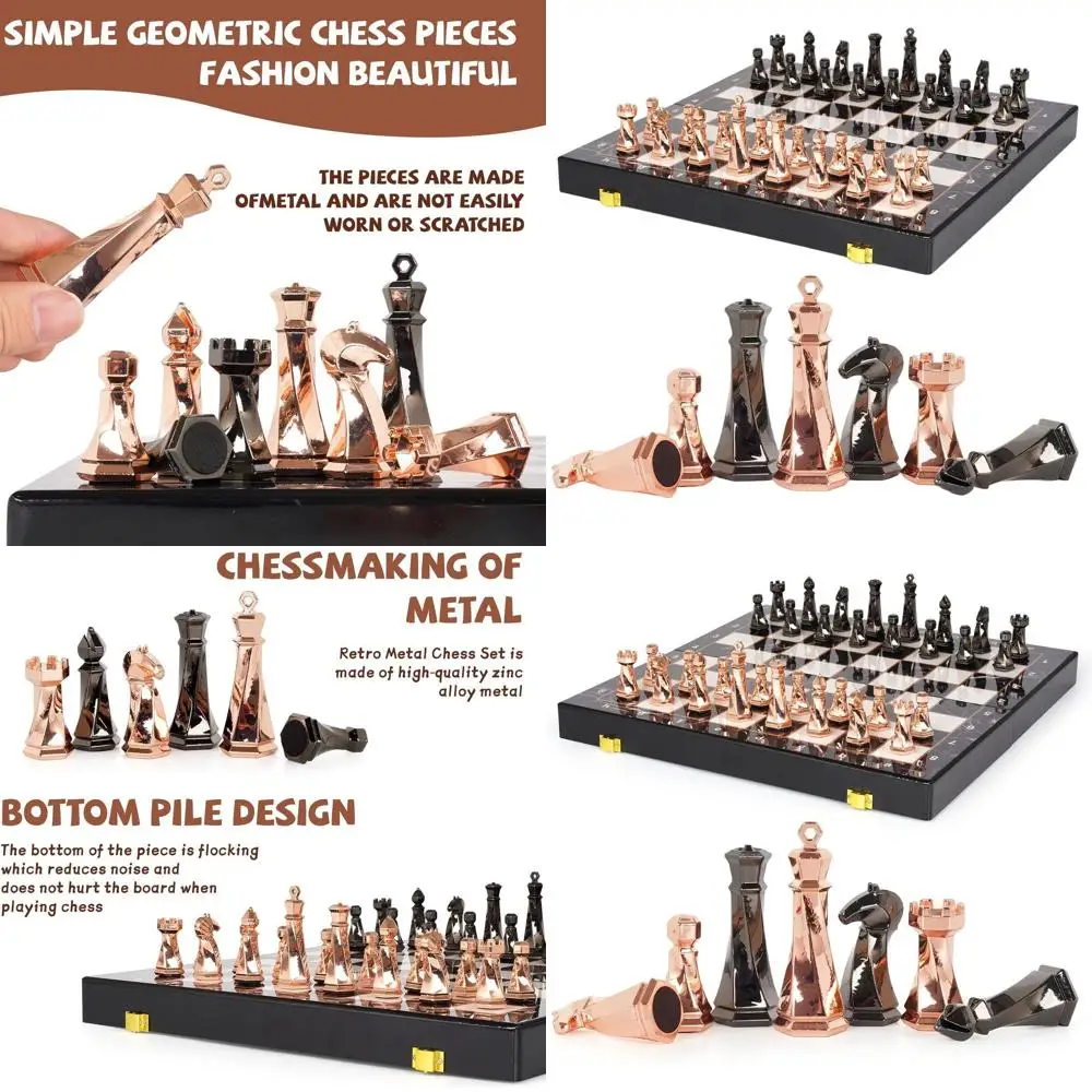 

15 Wooden Chessboard with Modern Metal Pieces - Travel-Sized Collectible Chess Set for Families