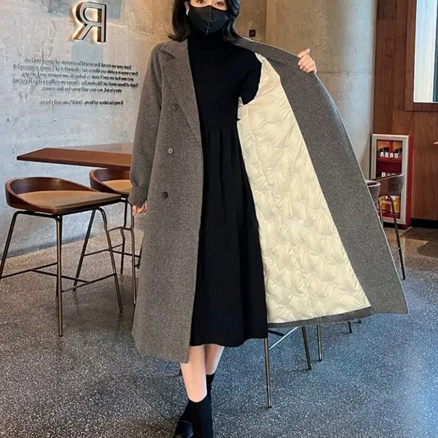 2023 Women Winter Warm Woolen Coat Long Sleeve White Duck Down Inner Long Jacket Coat Casaco Feminino Women Outwear Coat