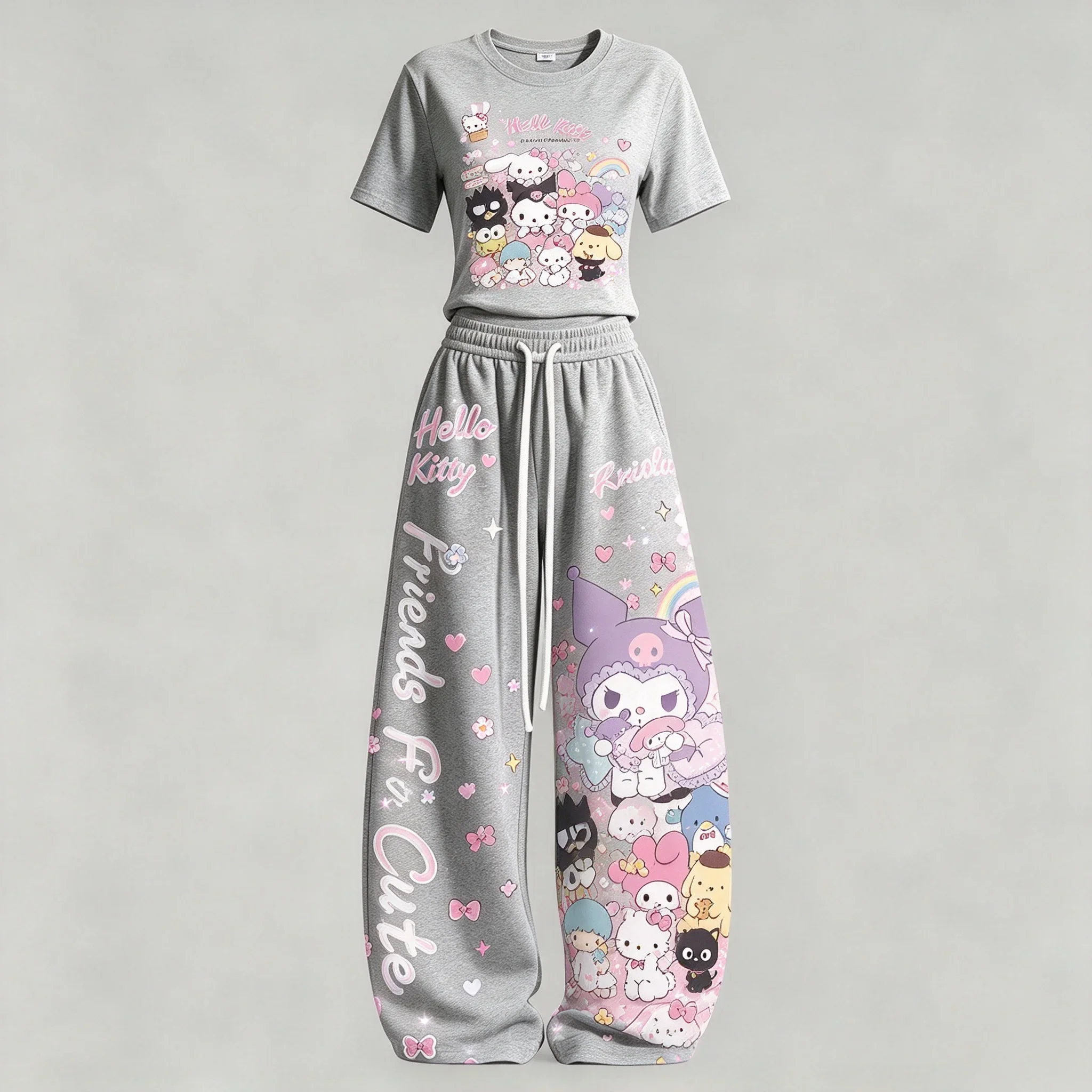 Kuromi MyMelody Hello Kitty Cinnamoroll Graphic Matching 2pcs Set, Crop Top + Drawstring Wide Leg Trousers, Kawaii Streetwear