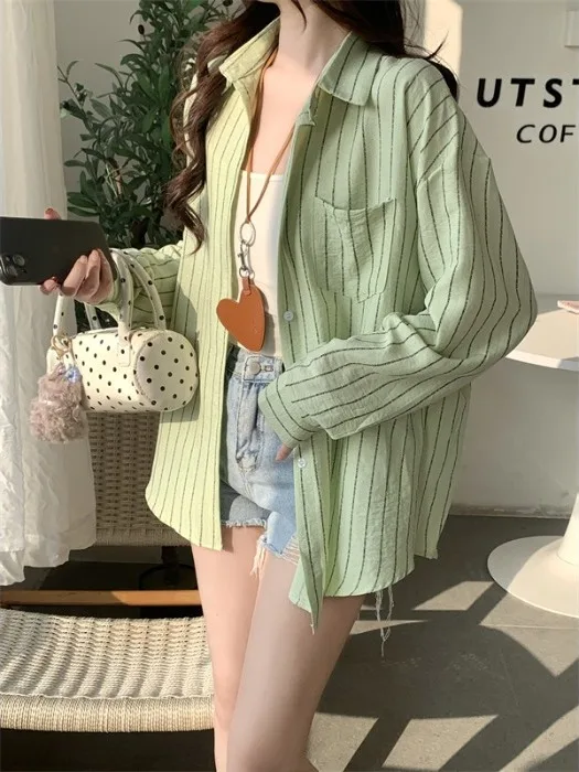 

Мятно-зеленая полосатая женская рубашка: летняя новинка, модный корейский дизайн, защита от солнца, топ в стиле Small Salt System