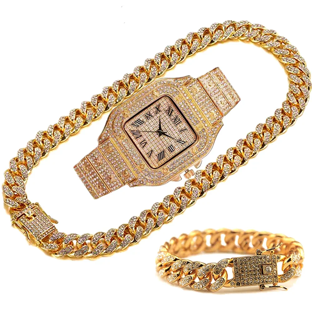 Luxury Iced Out Chain for Men Women HipHop Miami Bling Cuban Big Gold Necklace Iced Out Watch Bracelet Rhinestone Jewelry