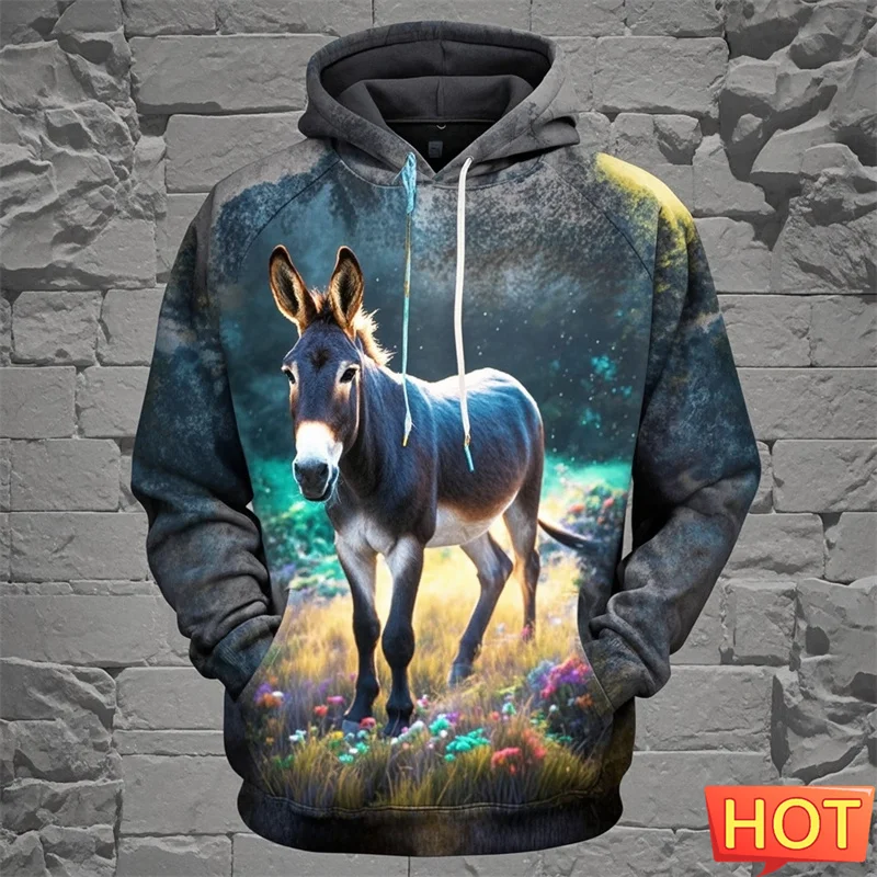 Autumn Vintage 3D Printing Animals Donkey Hoodies For Men Equus Asinus Graphic Hooded Hoody Kid Funny Streetwear Pullover Hoodie