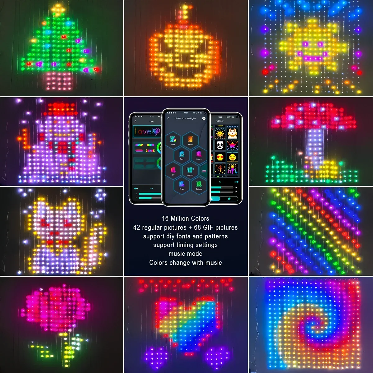 400 LED RGB 스마트 커튼 화환 조명 앱 리모컨, DIY 텍스트 패턴 장면 LED 스트링 조명, 크리스마스 웨딩 휴일