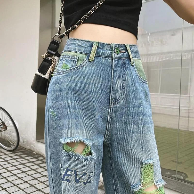

punk jeans Spring Autumn Color Block Ripped Straight Jeans Women, High Waist Embroidered Loose Wide Leg Floor-Length Denim Pants