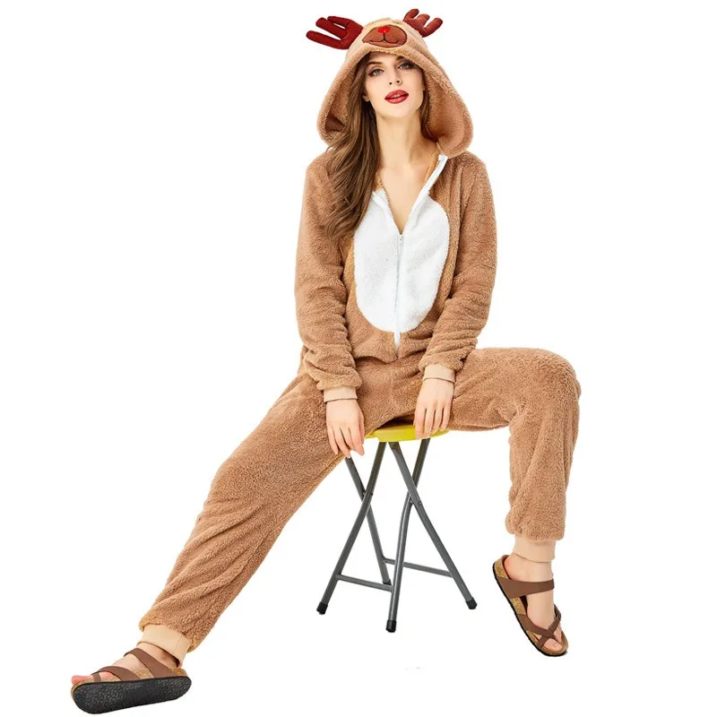 Christmas Costume Cute Reindeer Animal Outfit Khaki Elk Personality Loose One-piece Pajamas Plus Size Onesie Christmas Pajamas