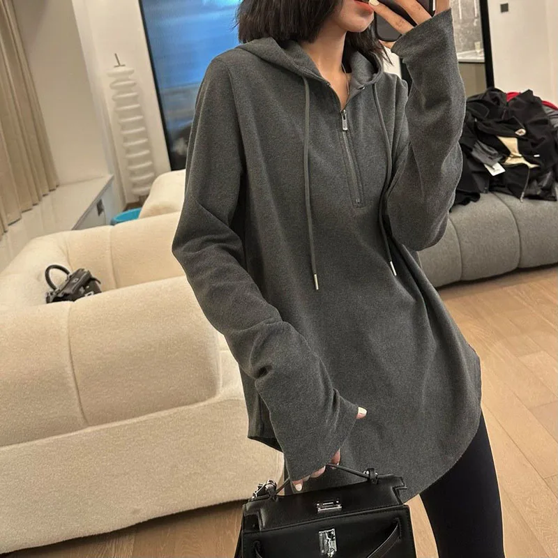 Fashion Solid Color Zipper Lace Up Hooded T-Shirt Female Clothing 2023 Autumn Winter Loose Casual Tops Asymmetrical Tee Shirt