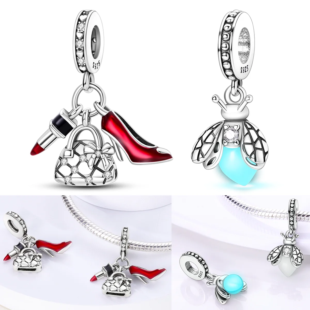 

925 Sterling Silver Lipstick High Heels Bag Charms Bead CZ Zircon Firefly Dangle Fit Original Bracelet DIY Women Jewelry Gift