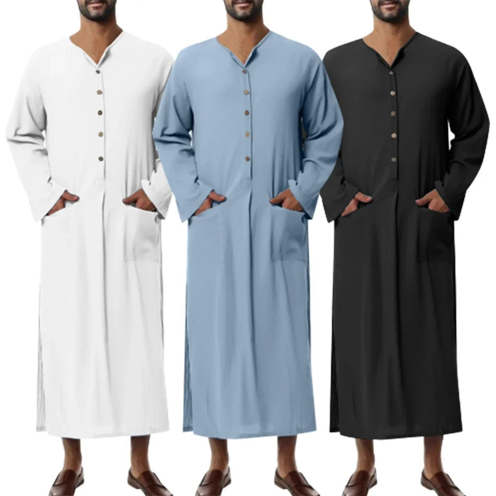 Muslim Men Clothing Jubba Thobe Long Sleeve Button Up Breathable Robes Men Thobe Robe Loose Dubai Saudi Arab Kaftan Muslim Dress