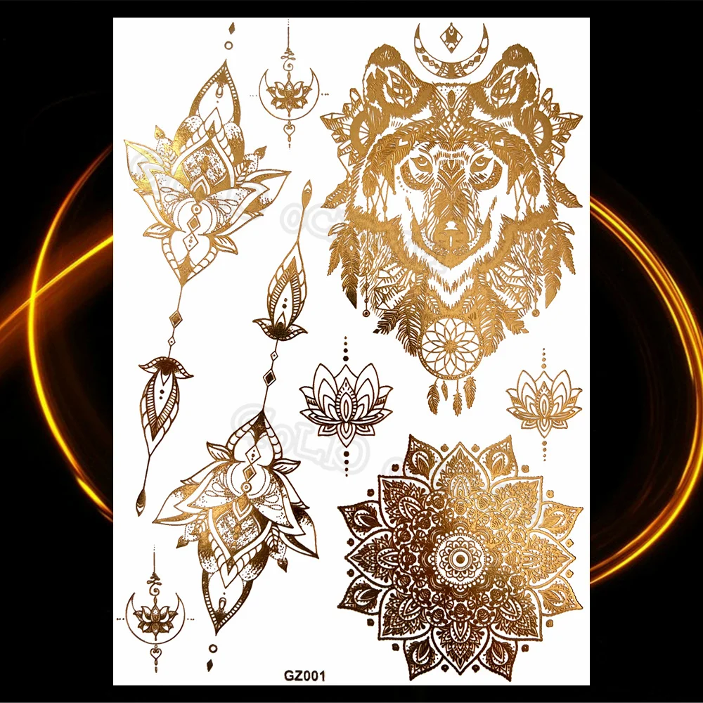 3D Golden Lion Mandala Temporary Tattoos For Women Adult Butterfly Snake Skeleton Elephant Fake Tattoo Waterproof Body Art Tatoo