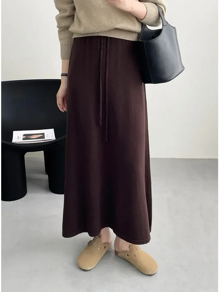 Vintage Drawstring Knitted Skirts for Woman Autumn New Korean Fashion Long Skirts for Women Loose High Waist A-line Black Skirts