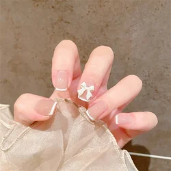 24P/Set White Edge French Fake Nails Art Bowknot Korean Nude Artificial Removable Acrylic Press on Nails Hot Sale Stick on Nails