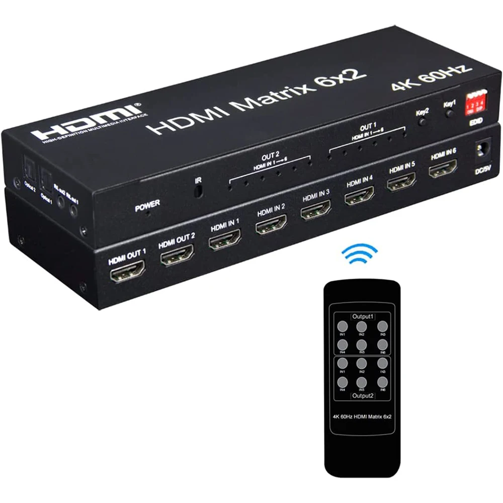 

4K@60hz HDMI Switch 6 Port HDMI Matrix Switch 6x2 HDMI Splitter 4K with Optical SPDIF Toslink & 3.5mm Audio Extractor