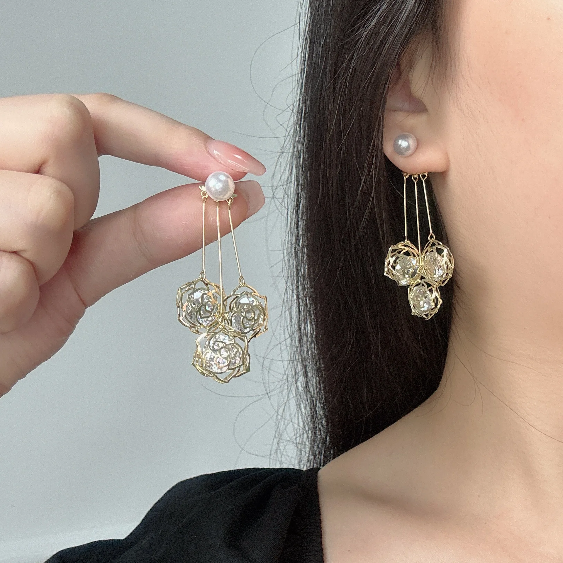 

New Korean Personality Fashion Long Zircon Rose Dangle Earrings for Women Pearl Tassel Drop Earrings Wedding Jewelry Gifts