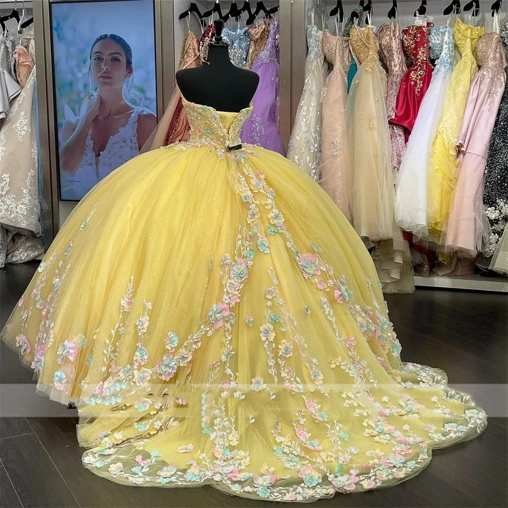 Yellow Glitter Sweetheart Quinceanera Dresses Ball Gowns 3D Flower Lace Sweet 16 Princess Birthday Party Vestido De 15 Anos