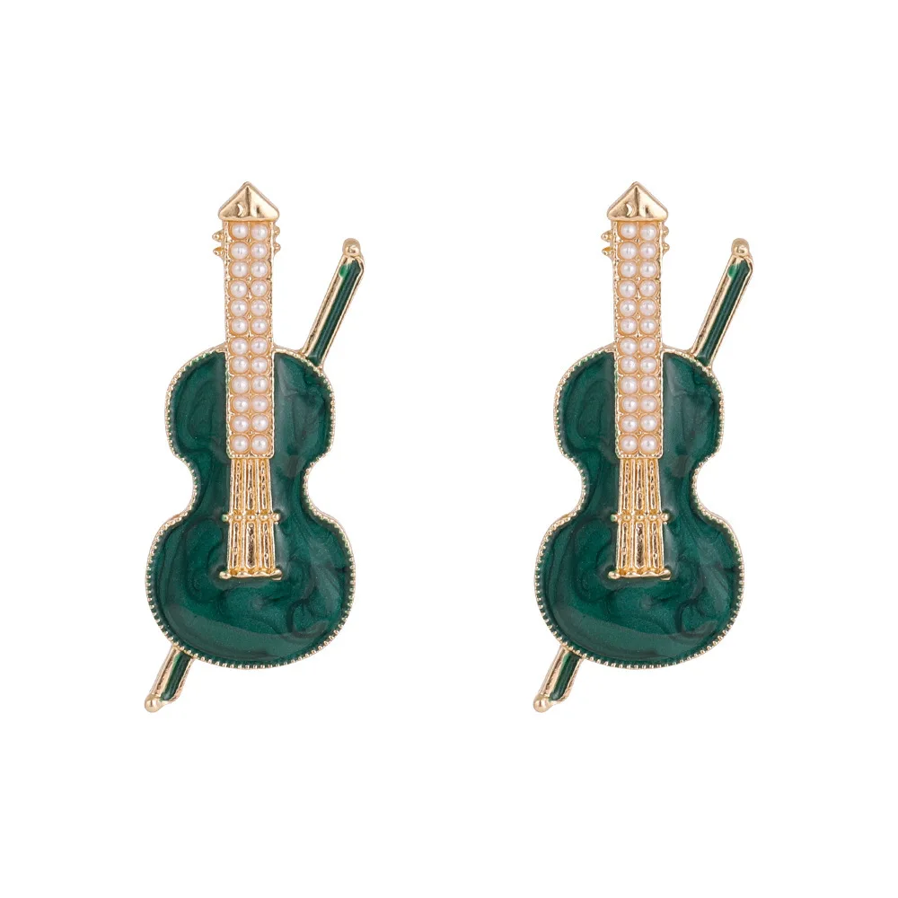 New niche design violin stud earrings women's alloy oil drop pearl earrings women's exaggerated earrings