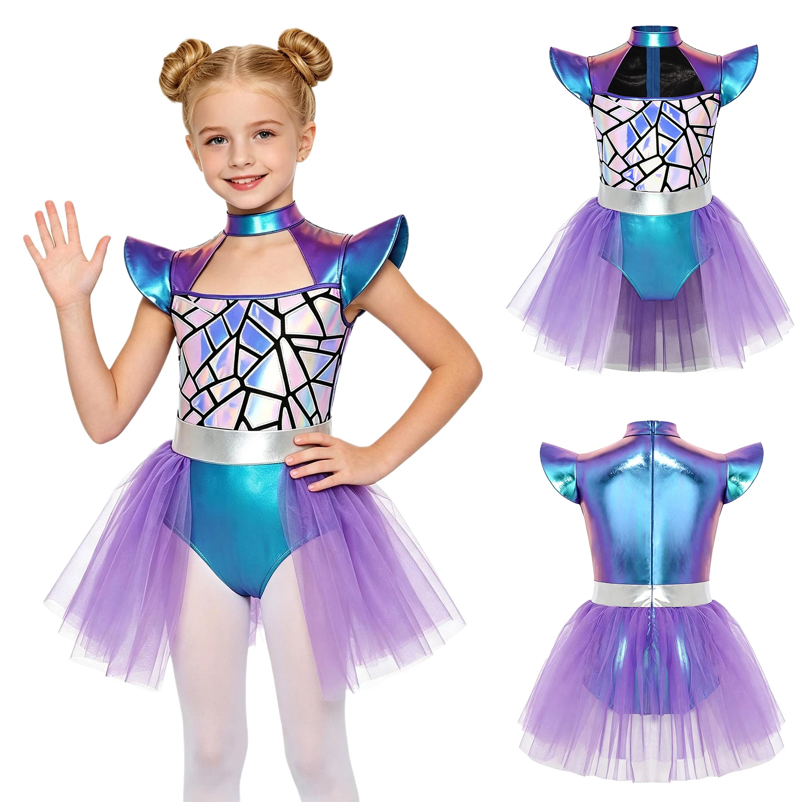 Girls Alien Dance Bodysuit Dress Metallic Shiny Sequin Cap Sleeve Leotard Tutu Halloween Carnival Robot Space Cadet Costume