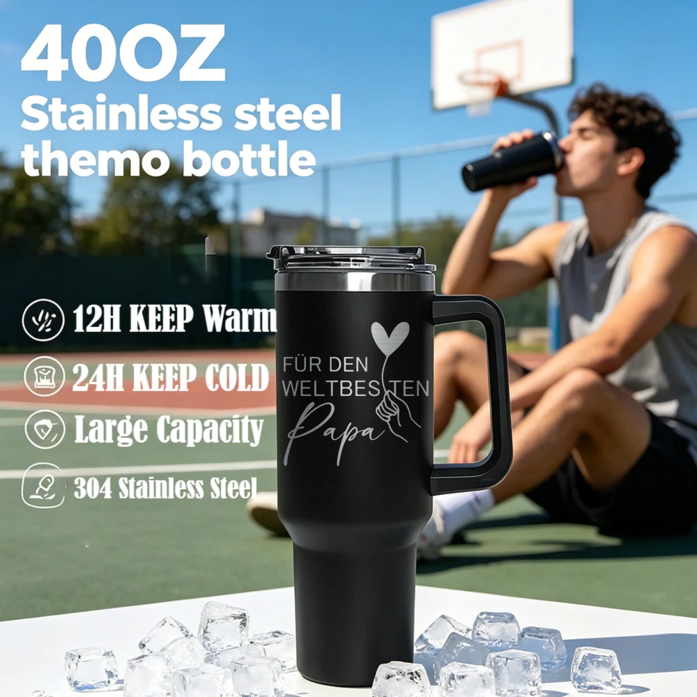 Vaso térmico de acero inoxidable de gran capacidad (1 litro, 40 onzas) con asa y pajita, doble aislamiento al vacío, ideal para el Día del Padre (para papá, abuelo, tío, abuelo materno o padre primerizo).