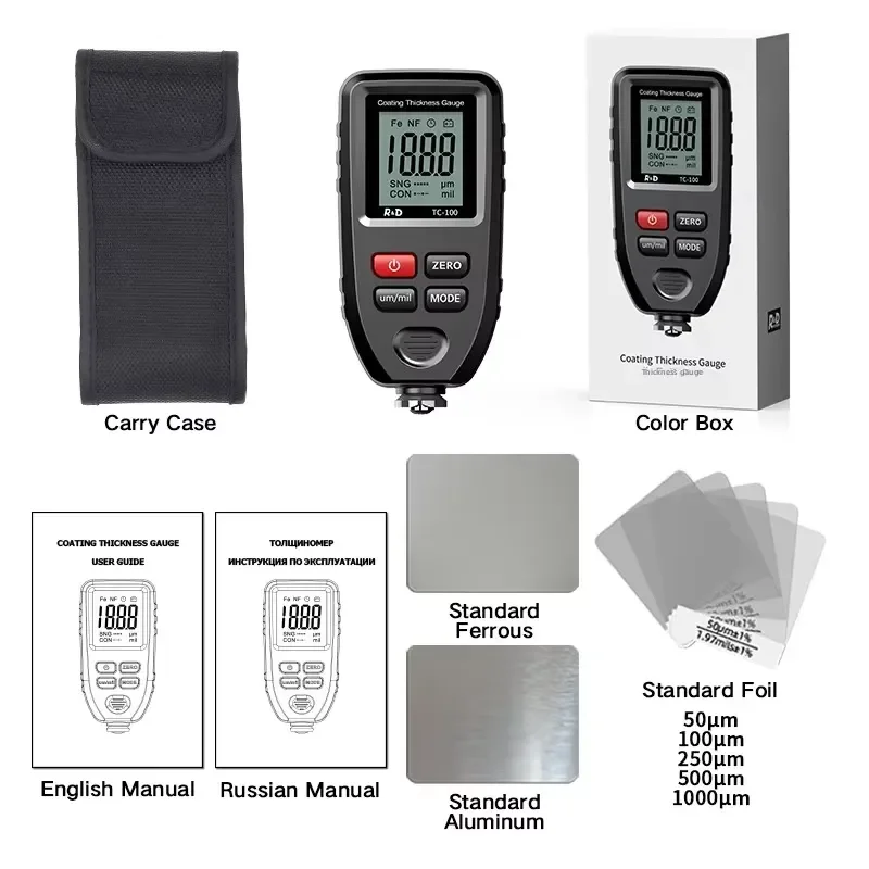R&D TC100 Coating Thickness Gauge 01micron/0-1300 Car Paint Film Thickness Tester Measuring FE/NFE Russian Manual Paint Tool