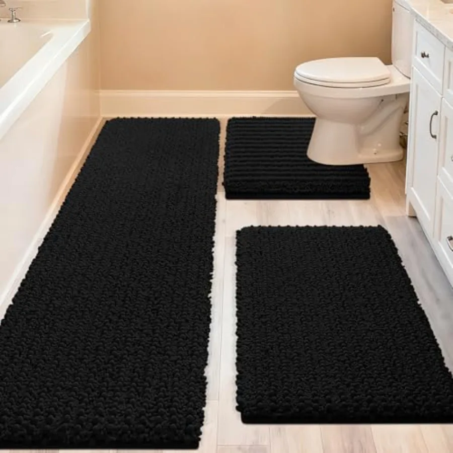 

Upgrade Extra Large Black Bathroom Rug Set 3 Pieces Ultra Soft Thick Absorbent Bath Mats Non Slip Chenille Toilet Mat for Bathr