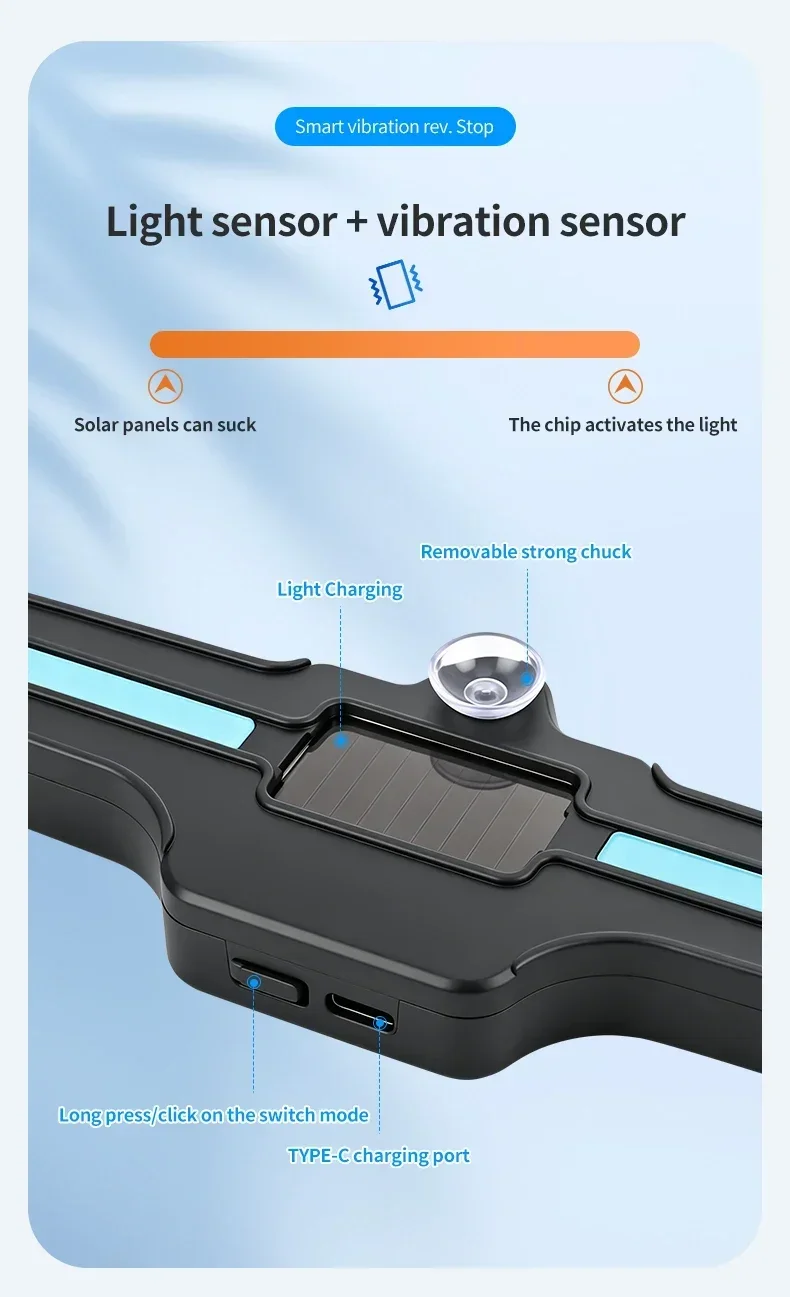 Solarbetriebene, intelligente LED-Dekorationsleuchte für das Auto, ohne Verkabelung, blaue Ambientebeleuchtung, automatische Vibrationssensor-Steuerung, Warnleuchte für die Heckscheibe. – Detail 5