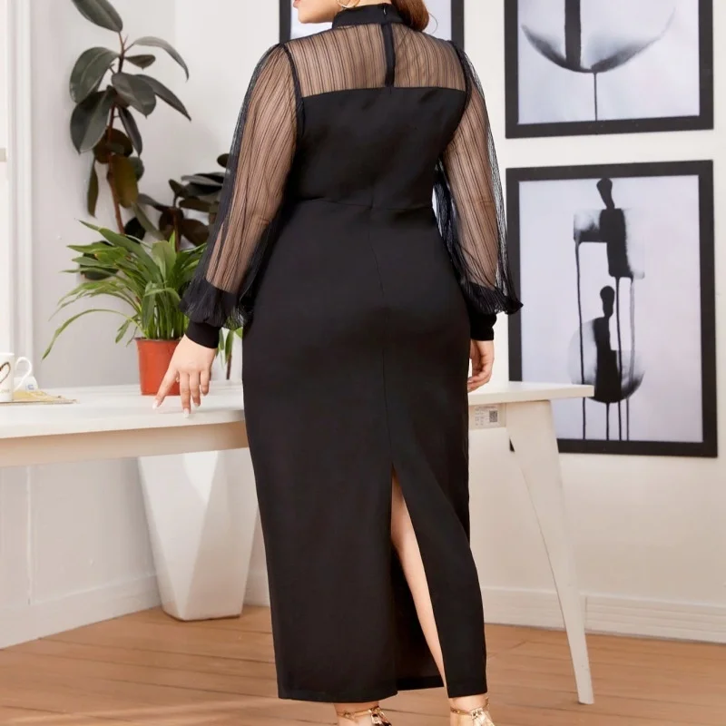 2024 Plus Size Women Dresses OL Commute Mesh Splicing Half High Collar See-through Long Dress Large Size Casual Elegant Dresses