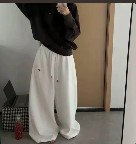 Y2K Streetwear Gray Sweatpants Woman Korean Oversized Loose All Match Sports Pant High Waist Drawstring Casual Wide Leg Trousers