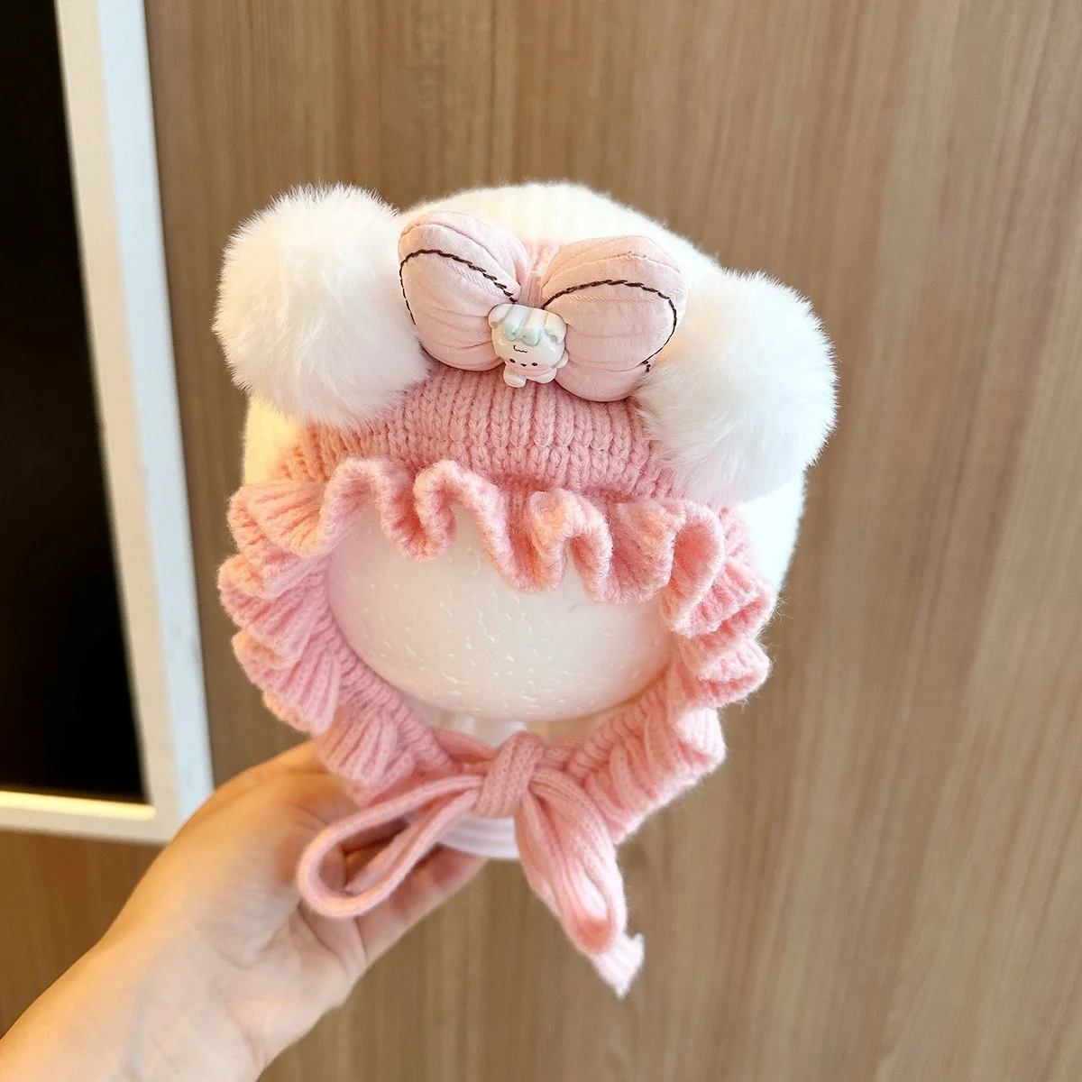 

Sweet Cute Baby Girl's Hat Autumn Winter Infant Toddler Bow Lace Warm Knit Ear Protection Cap Ruffled Kids Princess Girls Hats